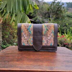 Unique Guatemalan Leather Handbag - Recycled Huipil & Brown Leather (Temoatzin)